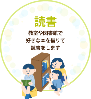 読書　教室や図書館で好きな本を借りて読書をします